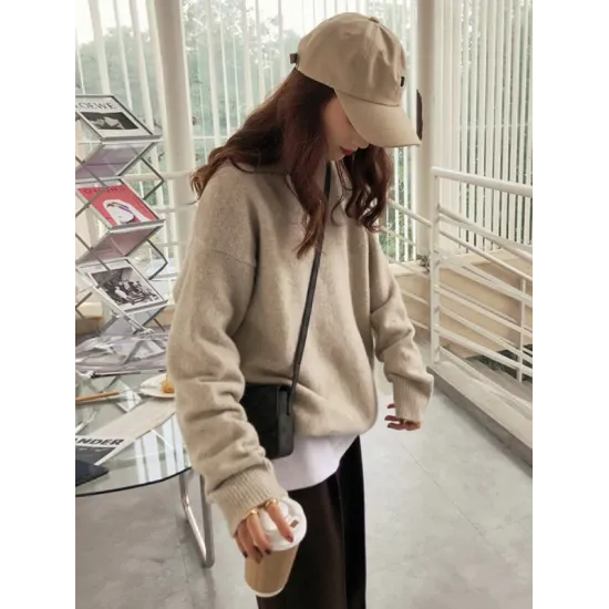 Simple Loose Long Sleeves Round-Neck Sweater Tops Pullovers Simple Loose Long Sleeves Round-Neck Sweater Tops Pullovers