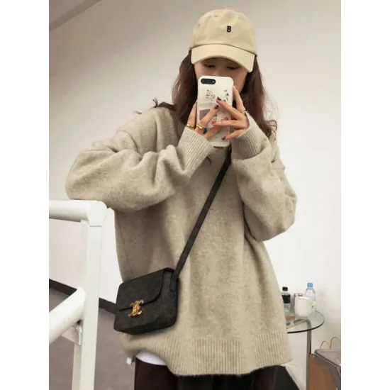 Simple Loose Long Sleeves Round-Neck Sweater Tops Pullovers Simple Loose Long Sleeves Round-Neck Sweater Tops Pullovers