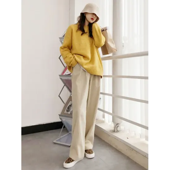 Simple Loose Long Sleeves Round-Neck Sweater Tops Pullovers Simple Loose Long Sleeves Round-Neck Sweater Tops Pullovers
