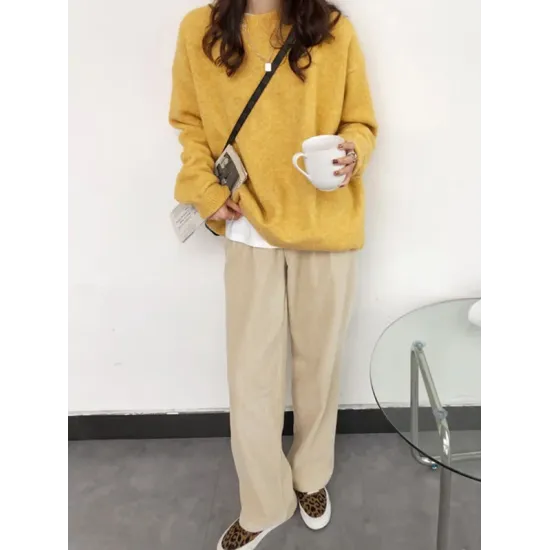 Simple Loose Long Sleeves Round-Neck Sweater Tops Pullovers Simple Loose Long Sleeves Round-Neck Sweater Tops Pullovers