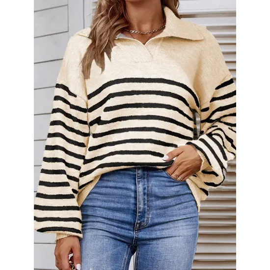 Casual Long Sleeves Loose Striped Lapel Collar Sweater Tops Casual Long Sleeves Loose Striped Lapel Collar Sweater Tops