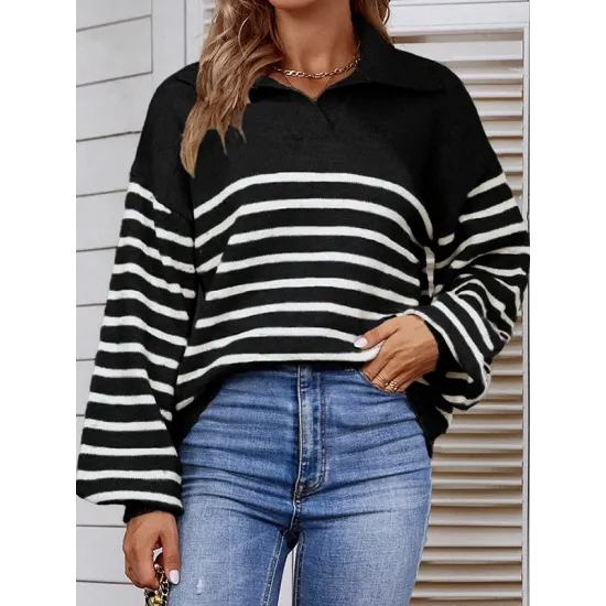 Casual Long Sleeves Loose Striped Lapel Collar Sweater Tops Casual Long Sleeves Loose Striped Lapel Collar Sweater Tops