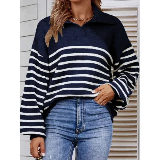 Casual Long Sleeves Loose Striped Lapel Collar Sweater Tops Casual Long Sleeves Loose Striped Lapel Collar Sweater Tops