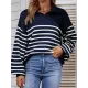 Casual Long Sleeves Loose Striped Lapel Collar Sweater Tops Casual Long Sleeves Loose Striped Lapel Collar Sweater Tops