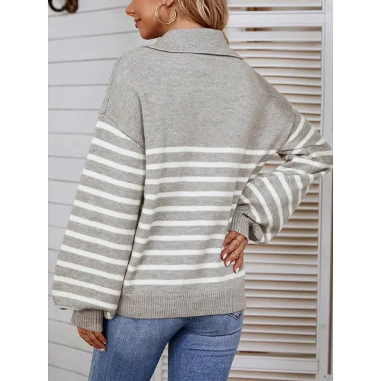 Casual Long Sleeves Loose Striped Lapel Collar Sweater Tops Casual Long Sleeves Loose Striped Lapel Collar Sweater Tops