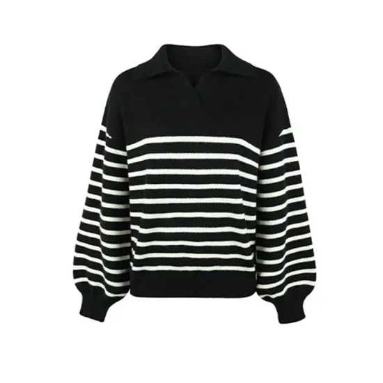 Casual Long Sleeves Loose Striped Lapel Collar Sweater Tops Casual Long Sleeves Loose Striped Lapel Collar Sweater Tops