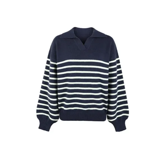 Casual Long Sleeves Loose Striped Lapel Collar Sweater Tops Casual Long Sleeves Loose Striped Lapel Collar Sweater Tops