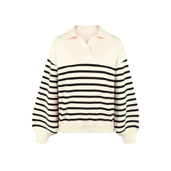 Casual Long Sleeves Loose Striped Lapel Collar Sweater Tops Casual Long Sleeves Loose Striped Lapel Collar Sweater Tops