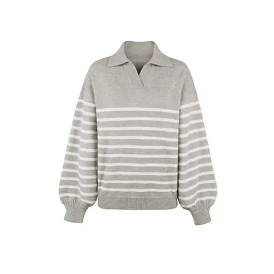 Casual Long Sleeves Loose Striped Lapel Collar Sweater Tops Casual Long Sleeves Loose Striped Lapel Collar Sweater Tops
