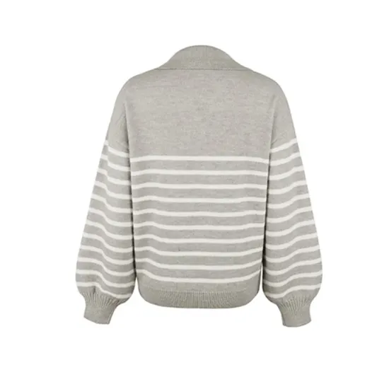 Casual Long Sleeves Loose Striped Lapel Collar Sweater Tops Casual Long Sleeves Loose Striped Lapel Collar Sweater Tops