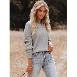 Stylish Loose Solid Color& Contrast Color Striped Lapel Collar Sweater Tops