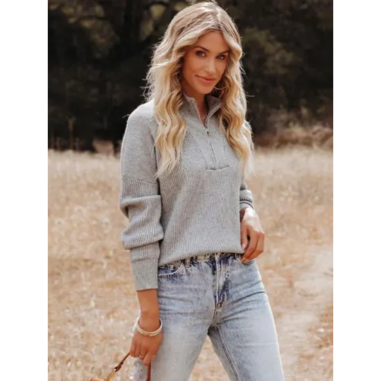 Stylish Loose Solid Color& Contrast Color Striped Lapel Collar Sweater Tops