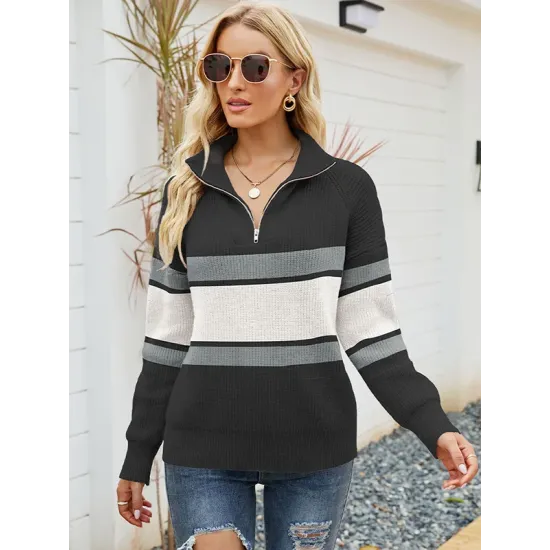 Stylish Loose Solid Color& Contrast Color Striped Lapel Collar Sweater Tops