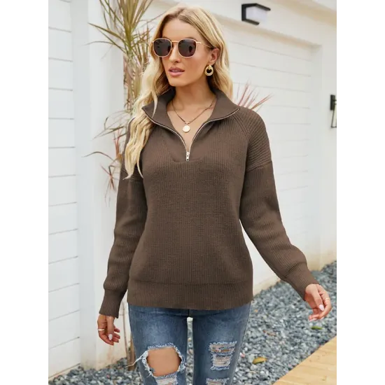 Stylish Loose Solid Color& Contrast Color Striped Lapel Collar Sweater Tops