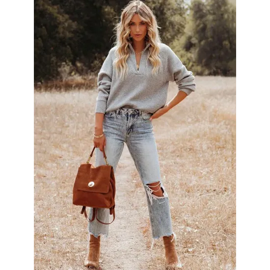 Stylish Loose Solid Color& Contrast Color Striped Lapel Collar Sweater Tops