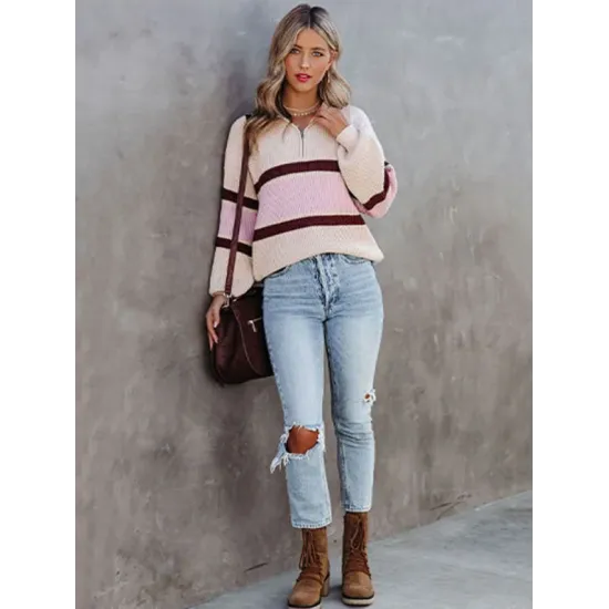 Stylish Loose Solid Color& Contrast Color Striped Lapel Collar Sweater Tops