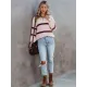 Stylish Loose Solid Color& Contrast Color Striped Lapel Collar Sweater Tops