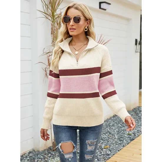 Stylish Loose Solid Color& Contrast Color Striped Lapel Collar Sweater Tops