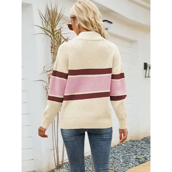 Stylish Loose Solid Color& Contrast Color Striped Lapel Collar Sweater Tops