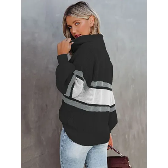 Stylish Loose Solid Color& Contrast Color Striped Lapel Collar Sweater Tops