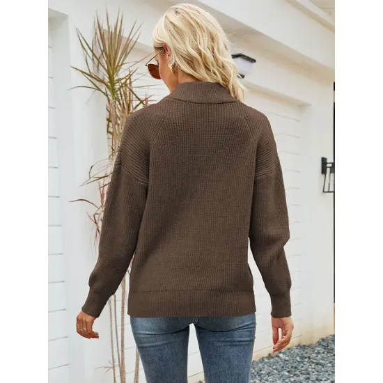 Stylish Loose Solid Color& Contrast Color Striped Lapel Collar Sweater Tops