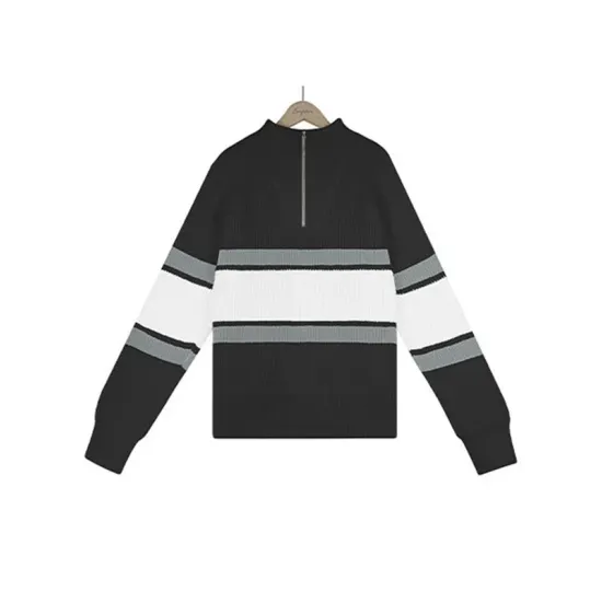 Stylish Loose Solid Color& Contrast Color Striped Lapel Collar Sweater Tops
