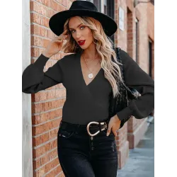 Casual Long Sleeves Solid Color V-Neck Sweater Tops