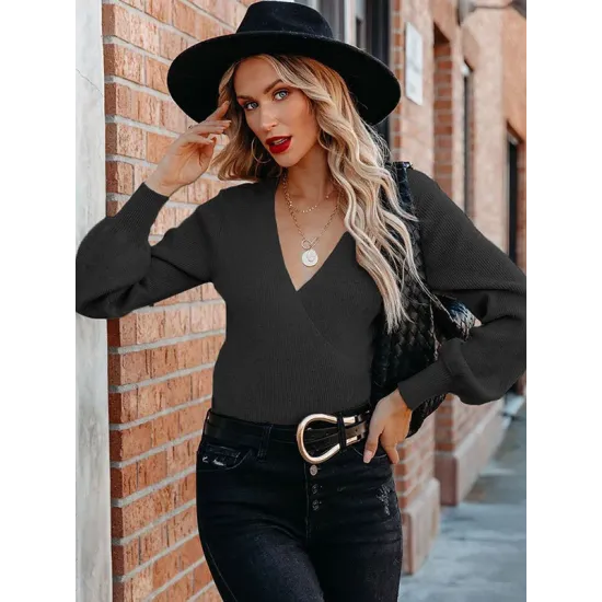 Casual Long Sleeves Solid Color V-Neck Sweater Tops