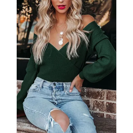 Casual Long Sleeves Solid Color V-Neck Sweater Tops