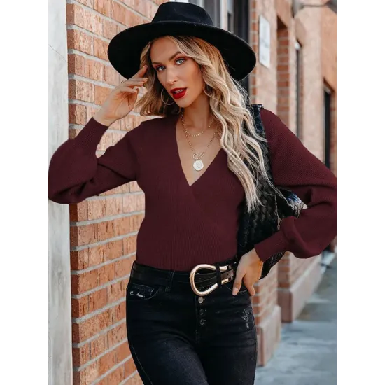 Casual Long Sleeves Solid Color V-Neck Sweater Tops
