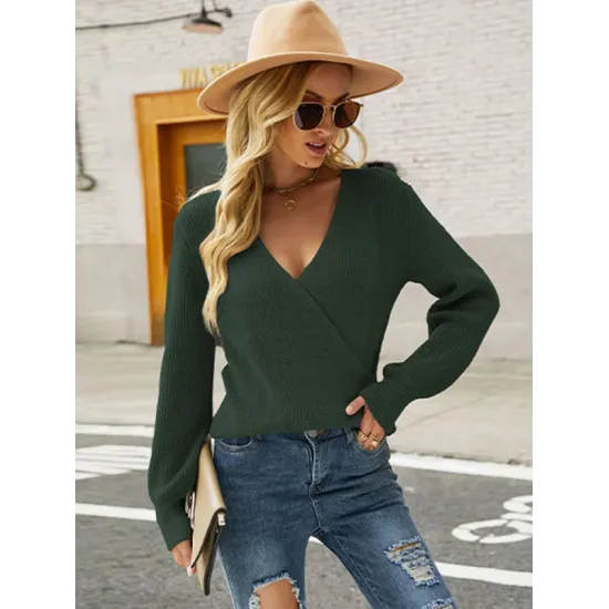 Casual Long Sleeves Solid Color V-Neck Sweater Tops