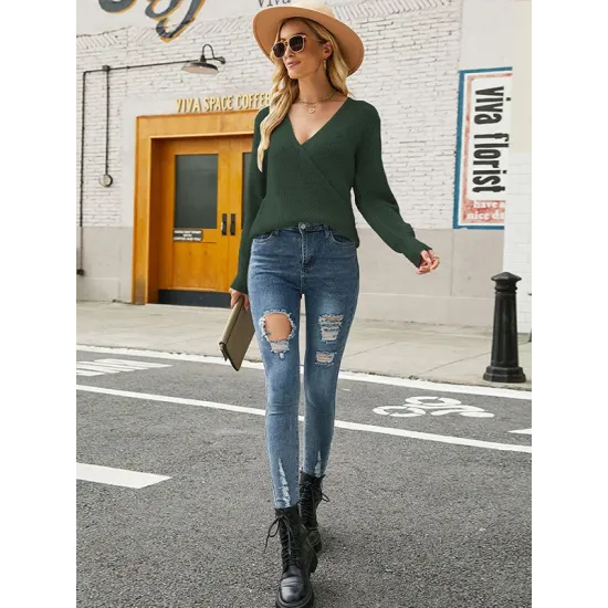 Casual Long Sleeves Solid Color V-Neck Sweater Tops