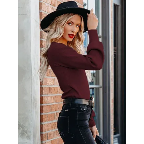 Casual Long Sleeves Solid Color V-Neck Sweater Tops