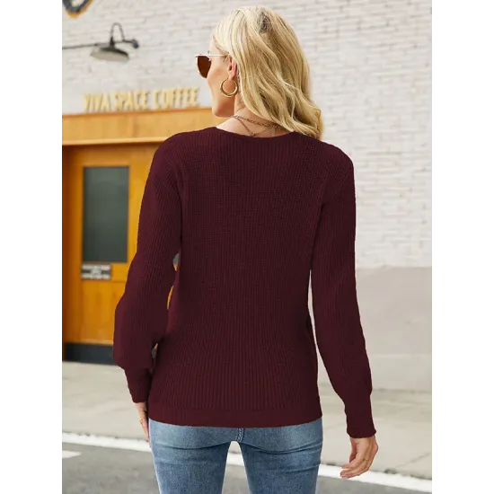 Casual Long Sleeves Solid Color V-Neck Sweater Tops