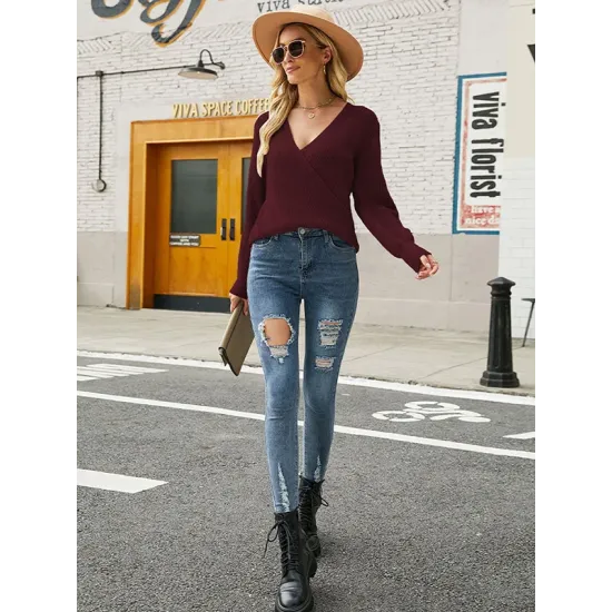 Casual Long Sleeves Solid Color V-Neck Sweater Tops