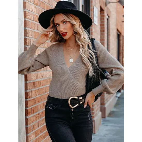 Casual Long Sleeves Solid Color V-Neck Sweater Tops
