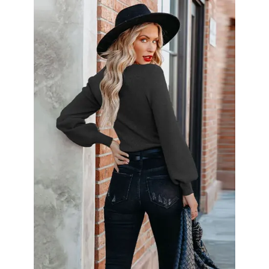 Casual Long Sleeves Solid Color V-Neck Sweater Tops