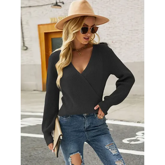 Casual Long Sleeves Solid Color V-Neck Sweater Tops