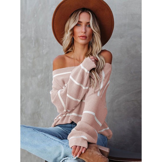Long Sleeves Striped Off-The-Shoulder Sweater Tops Long Sleeves Striped Off-The-Shoulder Sweater Tops