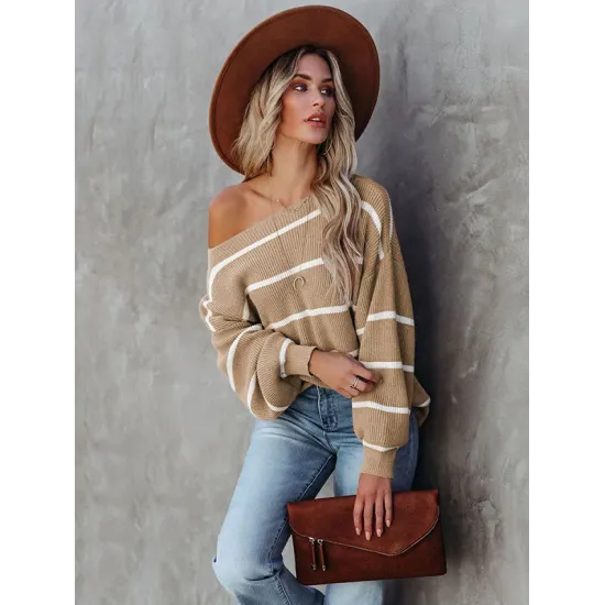 Long Sleeves Striped Off-The-Shoulder Sweater Tops Long Sleeves Striped Off-The-Shoulder Sweater Tops