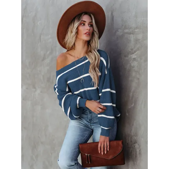Long Sleeves Striped Off-The-Shoulder Sweater Tops Long Sleeves Striped Off-The-Shoulder Sweater Tops
