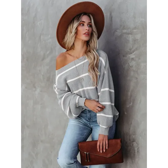 Long Sleeves Striped Off-The-Shoulder Sweater Tops Long Sleeves Striped Off-The-Shoulder Sweater Tops
