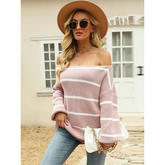 Long Sleeves Striped Off-The-Shoulder Sweater Tops Long Sleeves Striped Off-The-Shoulder Sweater Tops