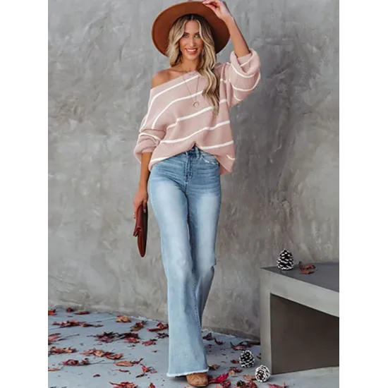 Long Sleeves Striped Off-The-Shoulder Sweater Tops Long Sleeves Striped Off-The-Shoulder Sweater Tops