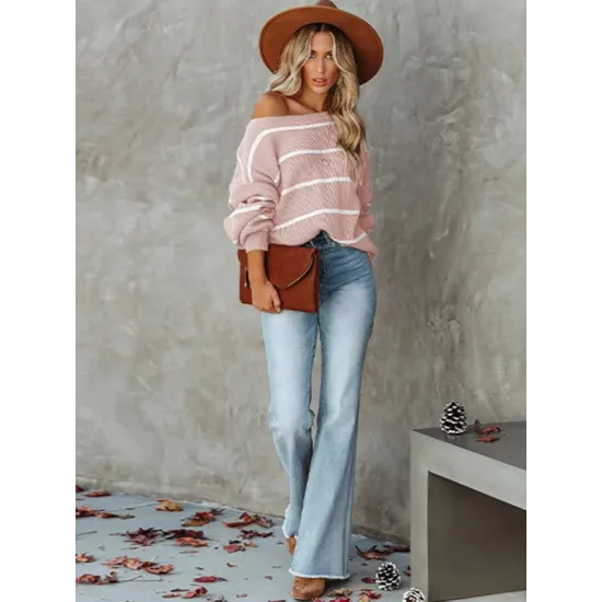 Long Sleeves Striped Off-The-Shoulder Sweater Tops Long Sleeves Striped Off-The-Shoulder Sweater Tops