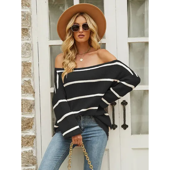 Long Sleeves Striped Off-The-Shoulder Sweater Tops Long Sleeves Striped Off-The-Shoulder Sweater Tops