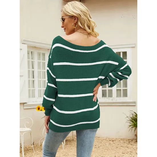 Long Sleeves Striped Off-The-Shoulder Sweater Tops Long Sleeves Striped Off-The-Shoulder Sweater Tops