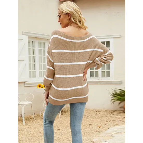 Long Sleeves Striped Off-The-Shoulder Sweater Tops Long Sleeves Striped Off-The-Shoulder Sweater Tops