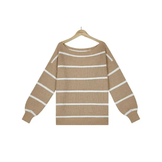 Long Sleeves Striped Off-The-Shoulder Sweater Tops Long Sleeves Striped Off-The-Shoulder Sweater Tops