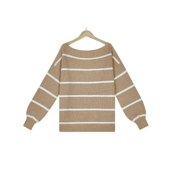 Long Sleeves Striped Off-The-Shoulder Sweater Tops Long Sleeves Striped Off-The-Shoulder Sweater Tops